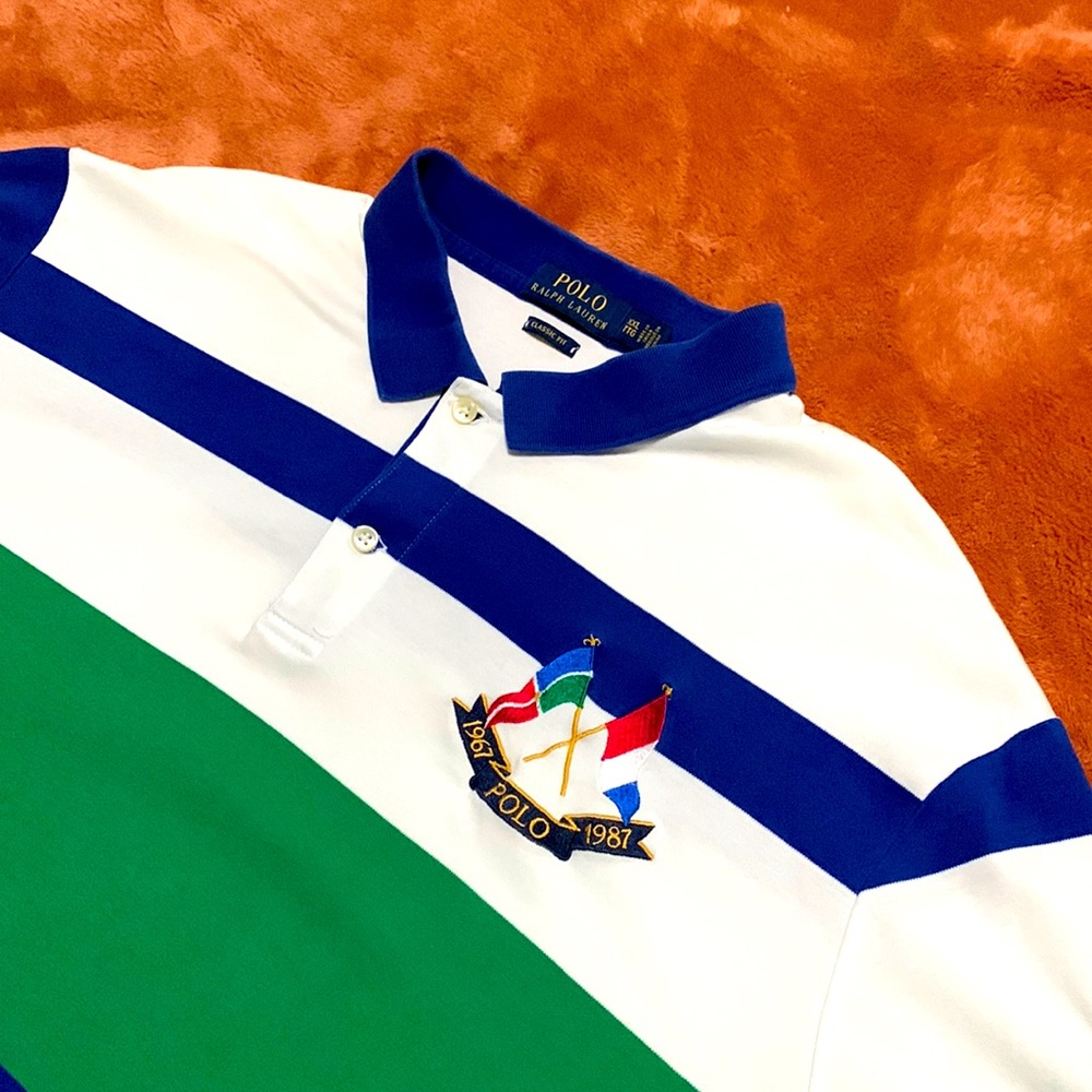 Polo by Ralph Lauren. Horizontal bands of vibrant color. Very ‘summery’.